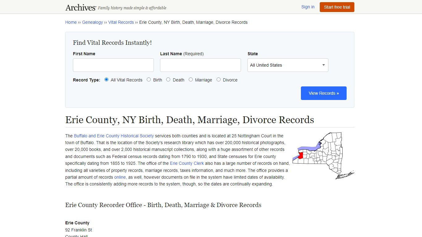 Erie County, NY Birth, Death, Marriage, Divorce Records